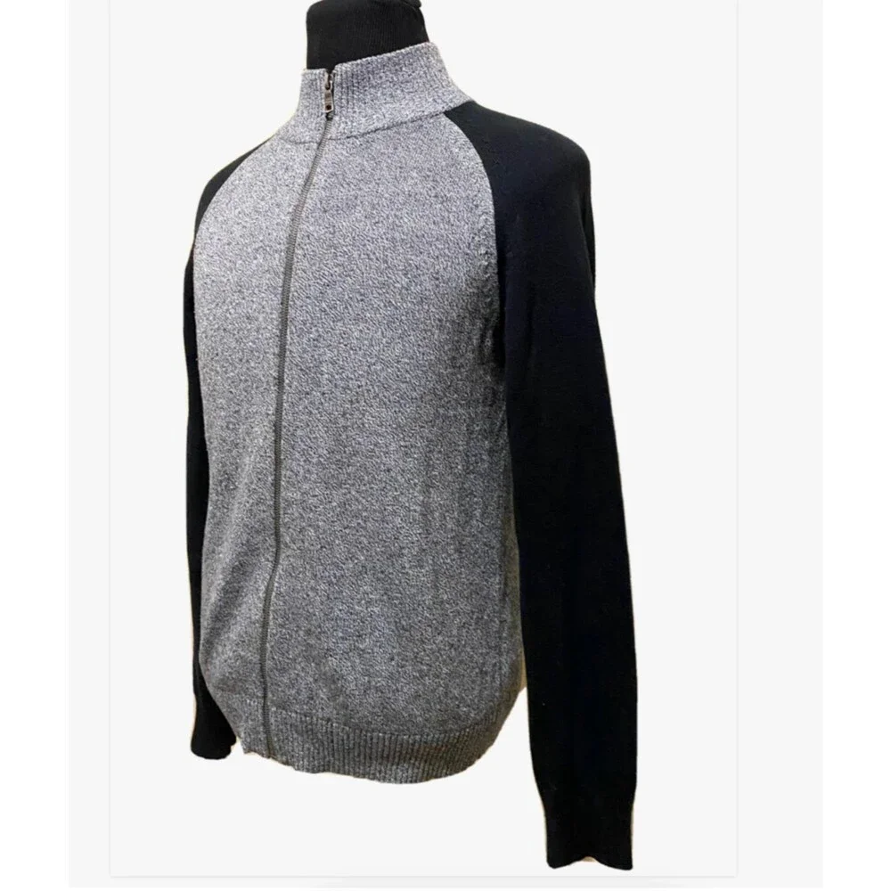 Banana Republic Mens Gray Black Mock Neck Full Zip Knit Sweater Jacket Pullover